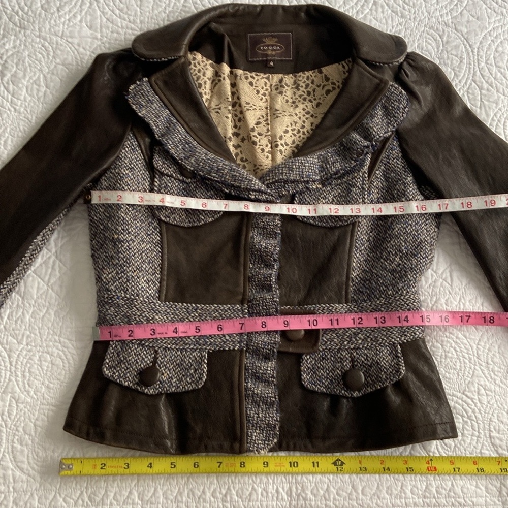 Tocca Leather Blazer Tweed Hourglass Notched Lapels Brown Blue Gray 4 Or S - Picture 12 of 17